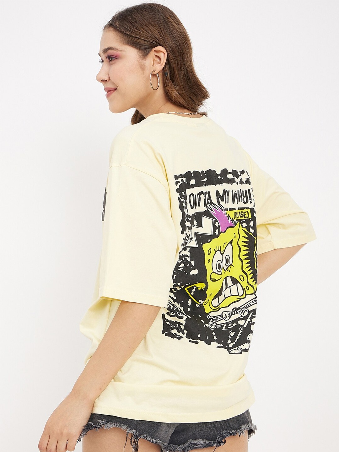 

COLOR CAPITAL Sponge Bob Printed Round Neck Pure Cotton Oversized T-shirt, Nude
