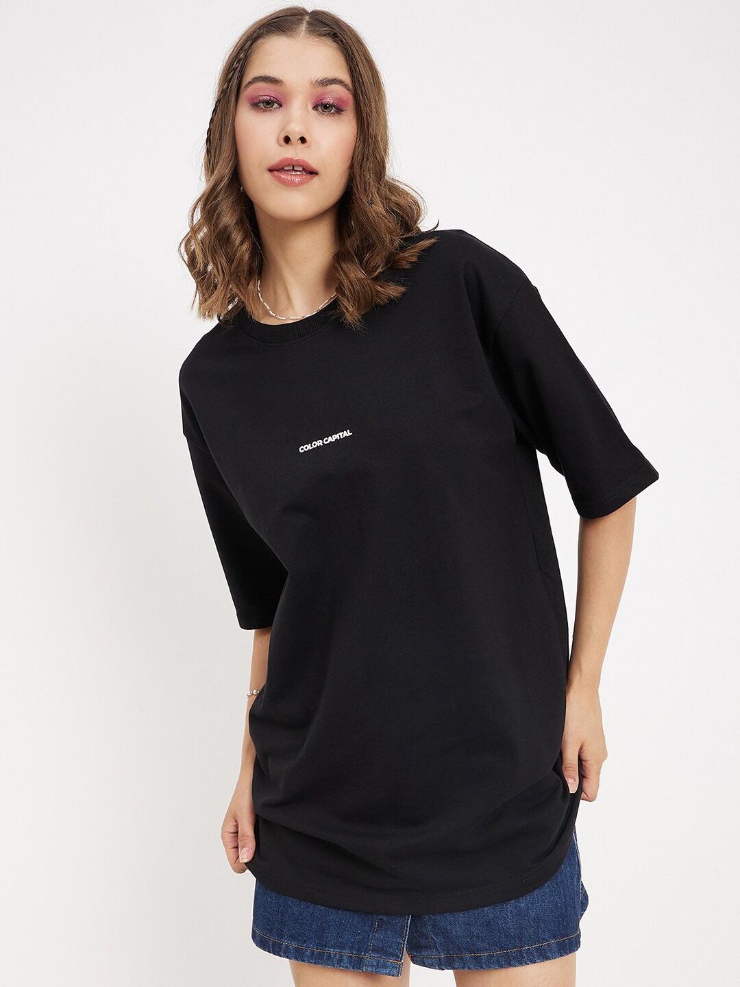 

COLOR CAPITAL Round Neck Pure Cotton Oversized T-shirt, Black