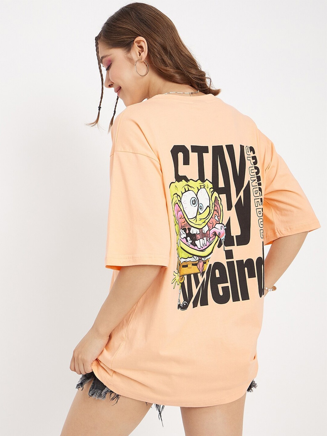 

COLOR CAPITAL Sponge Bob Printed Round Neck Pure Cotton Oversized T-shirt, Peach