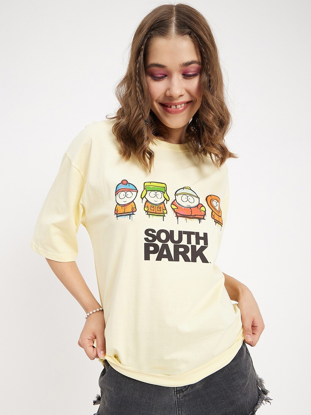 

COLOR CAPITAL Graphic Printed Round Neck Pure Cotton Oversized T-shirt, Cream