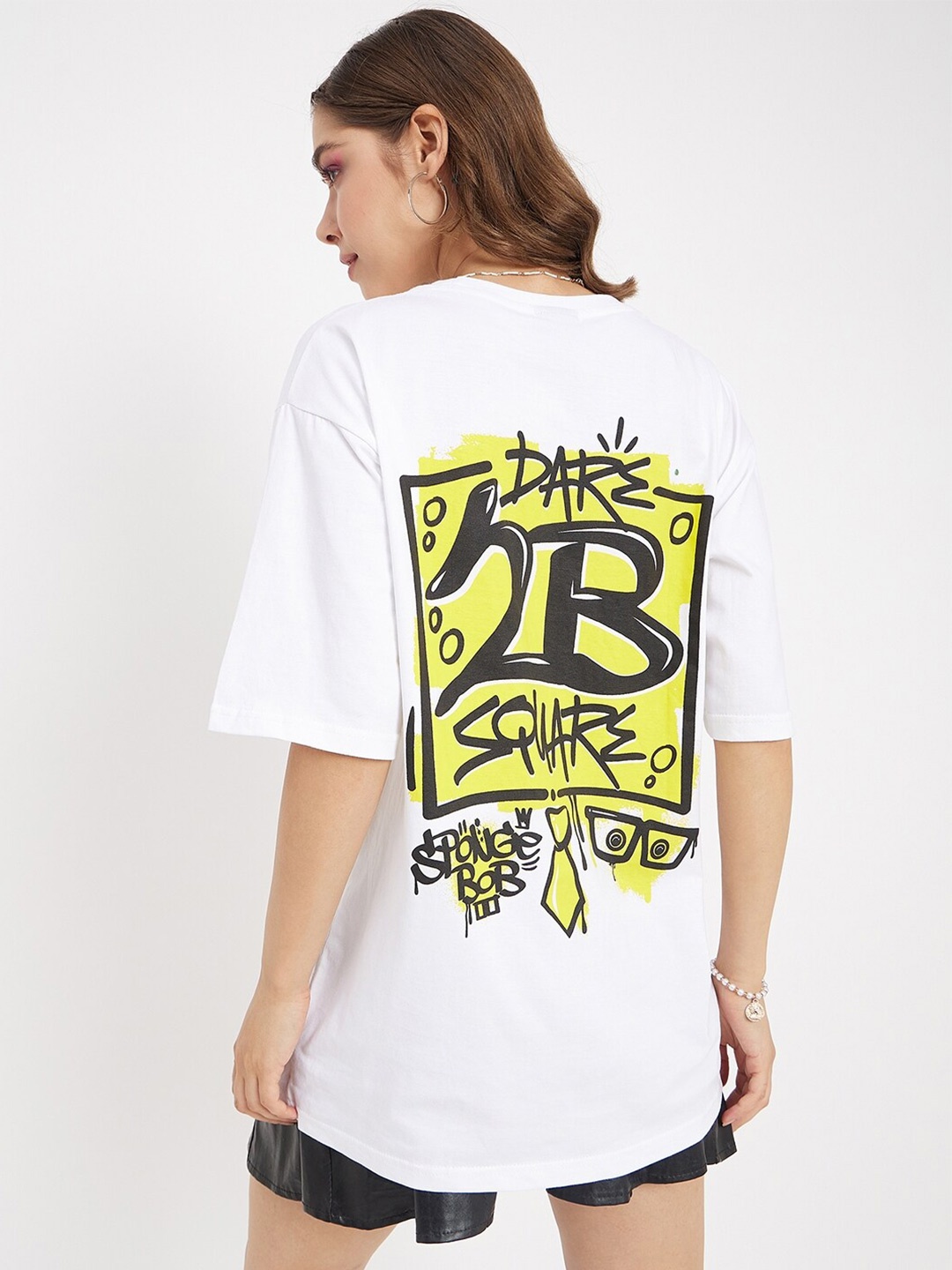 

COLOR CAPITAL Sponge Bob Printed Round Neck Pure Cotton Oversized T-shirt, White