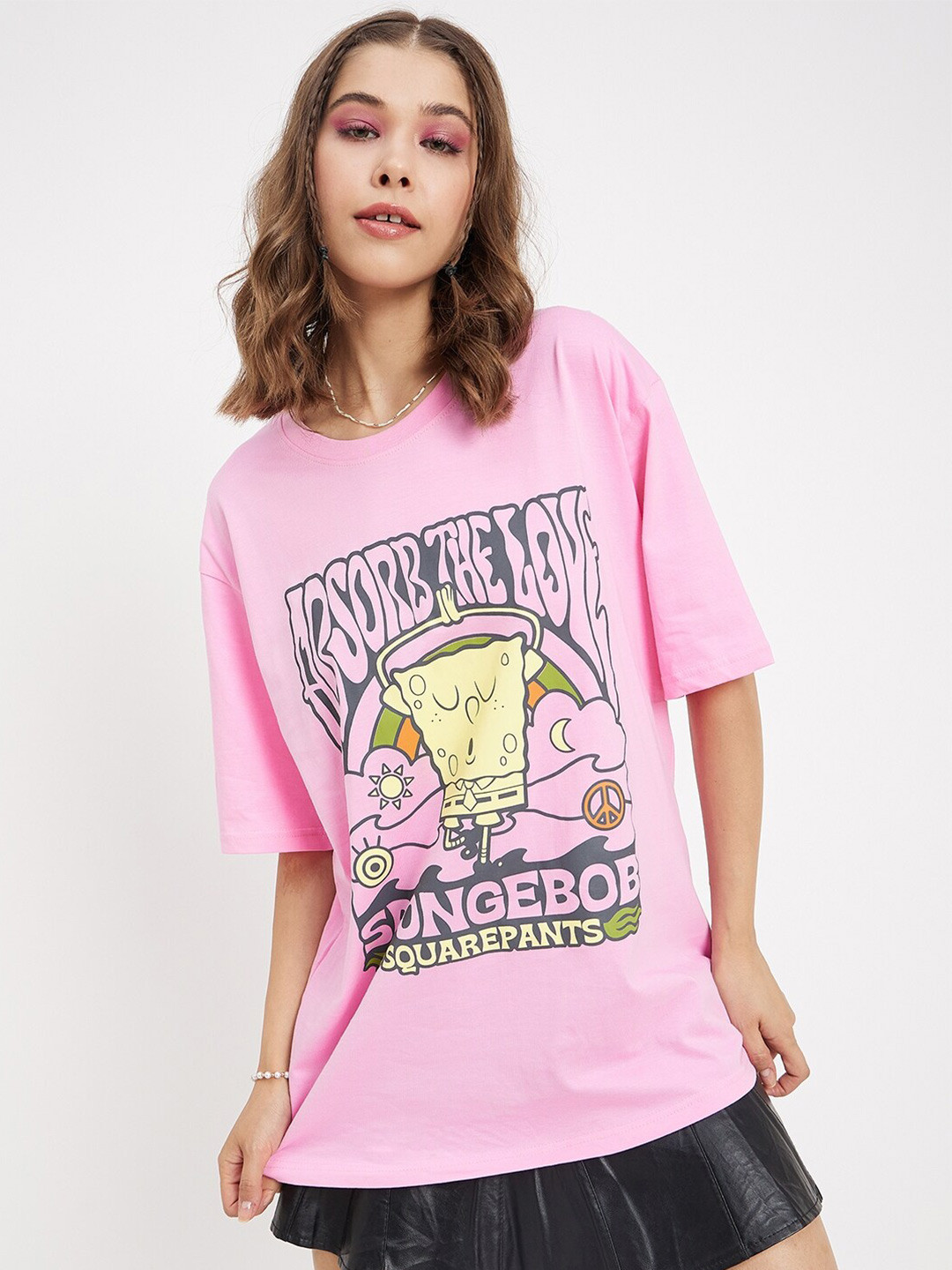 

COLOR CAPITAL Sponge Bob Printed Round Neck Pure Cotton Oversized T-shirt, Pink
