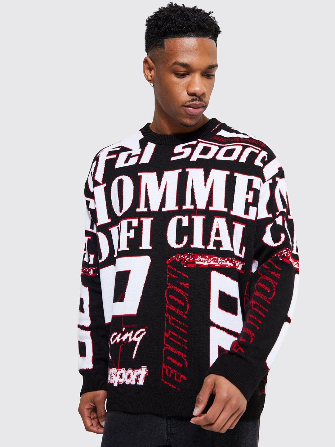 

boohooMAN Acrylic Typography Print Pullover, Black