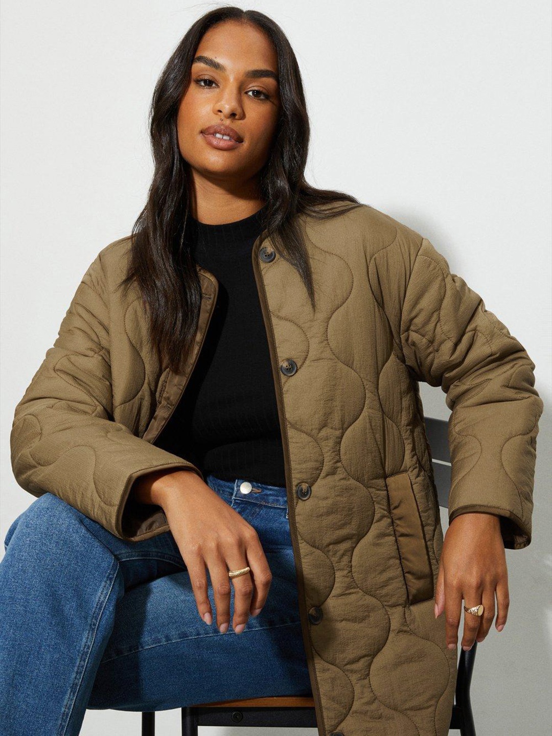 

DOROTHY PERKINS Collarless Contrast Placket Longline Quilted Jacket, Brown