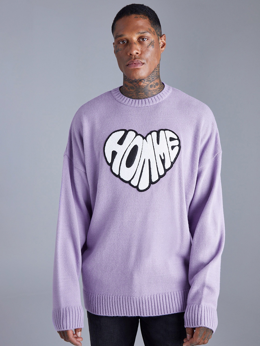 

boohooMAN Oversized Pullover with Applique Detail, Lavender