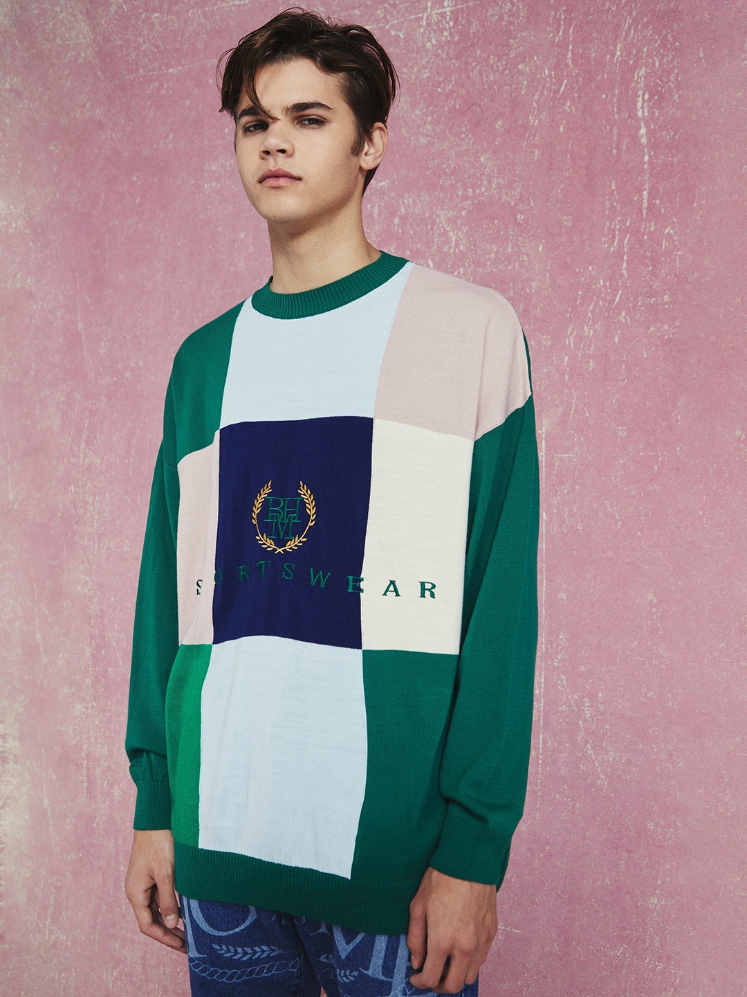 

boohooMAN Acrylic Colourblocked Oversized Pullover, Green