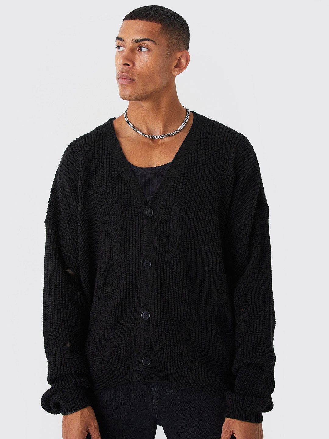 

boohooMAN Ribbed Distressed Boxy Fit Cardigan, Black