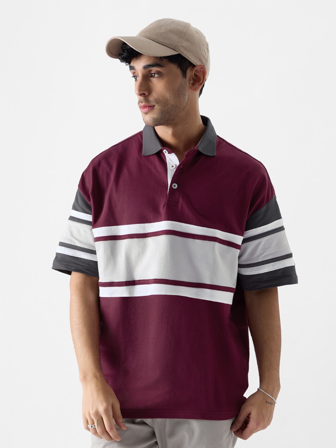 

The Souled Store Colourblocked Polo Collar Pure Cotton T-shirt, Maroon