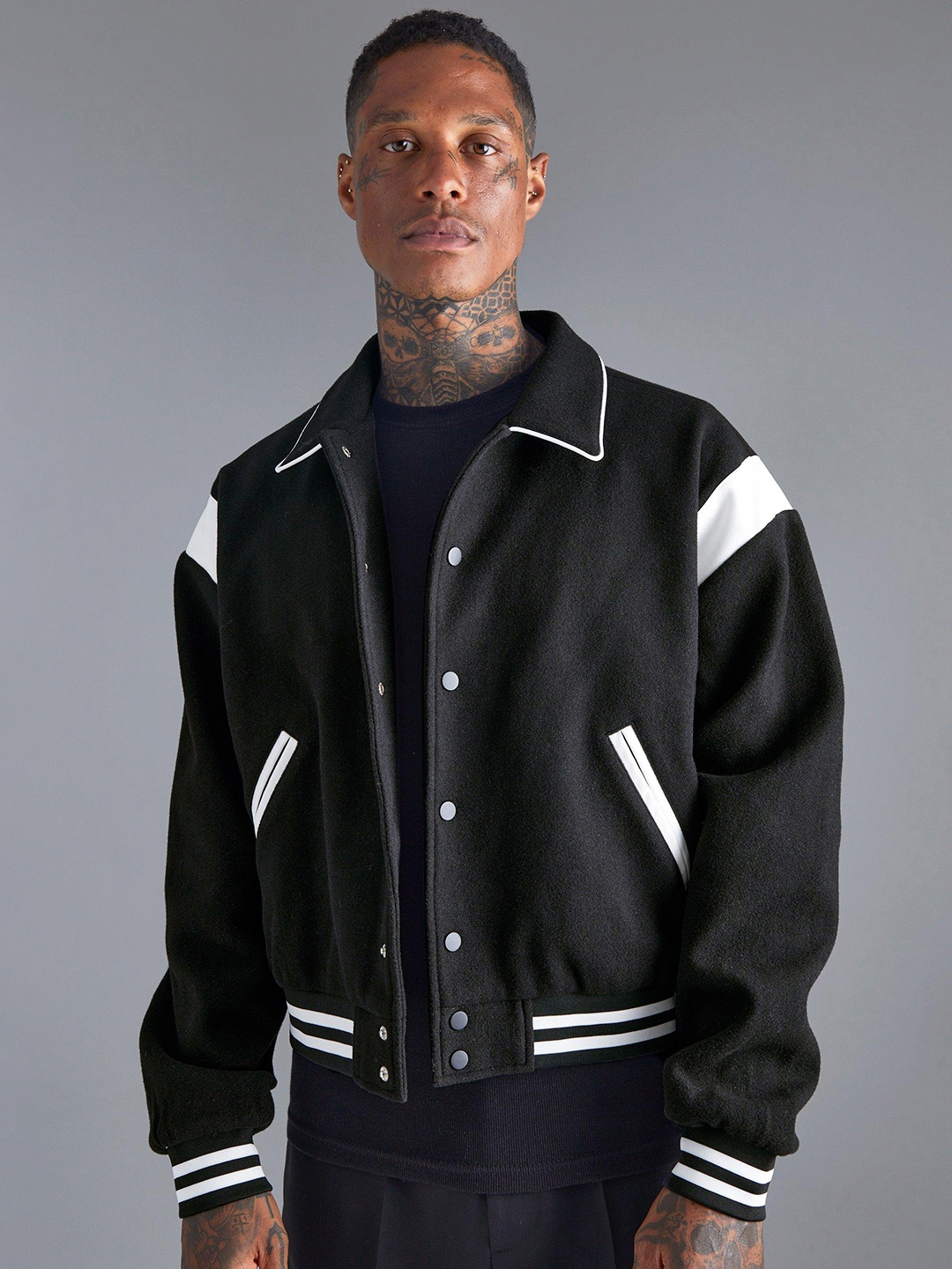 

boohooMAN Boxy Melton Varsity Jacket With Contrast Trims, Black