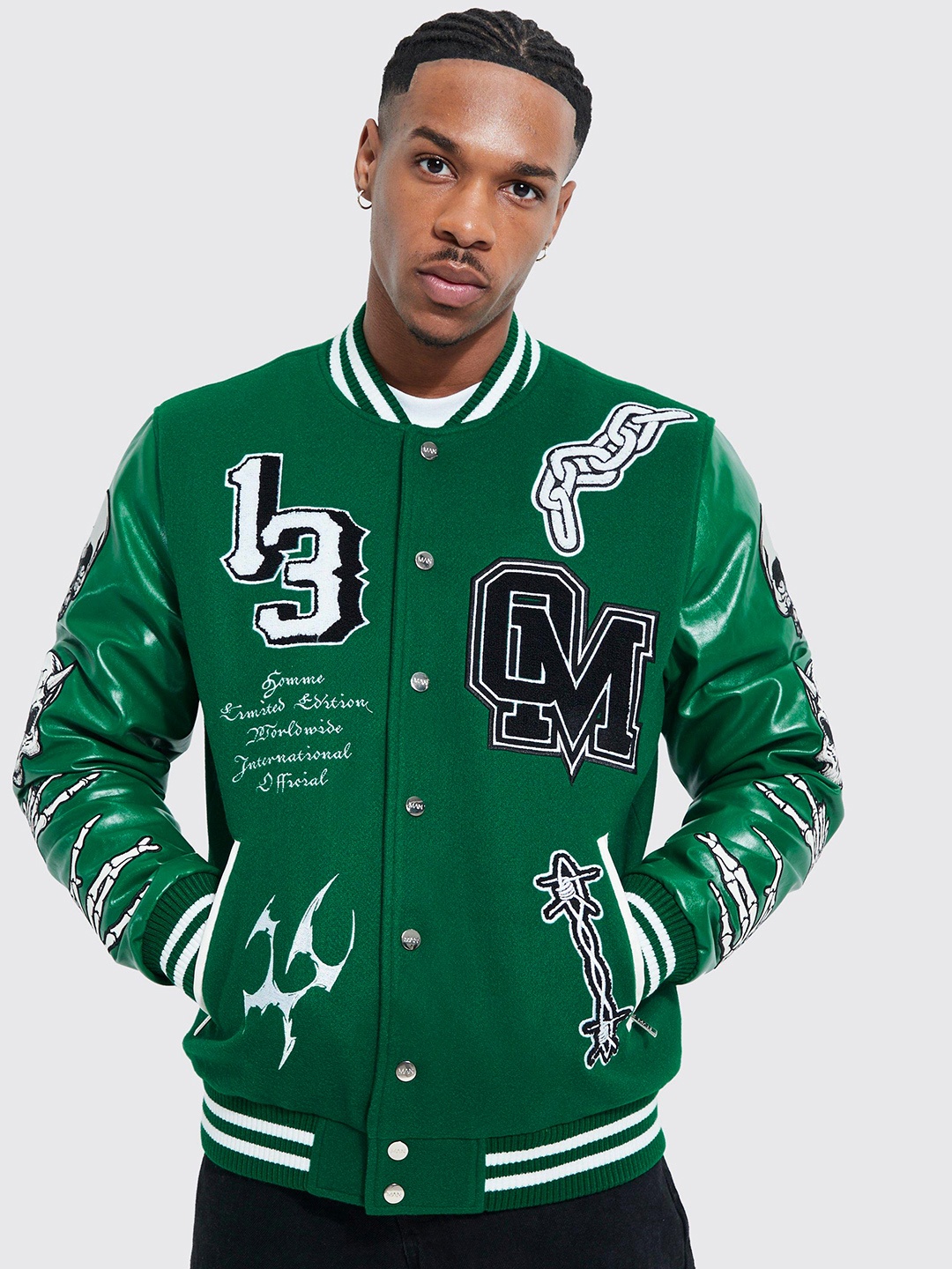 

boohooMAN Typography Applique Detail Varsity Jacket, Green