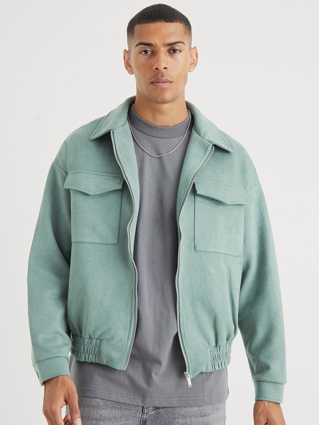 

boohooMAN Suede Bomber Jacket, Green