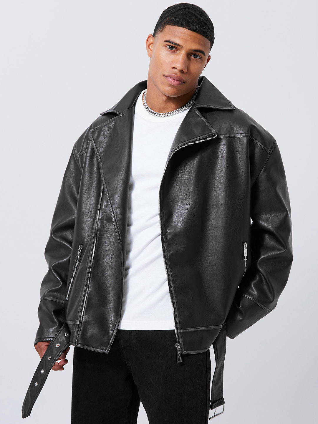 

boohooMAN Faux Leather Biker Jacket, Black