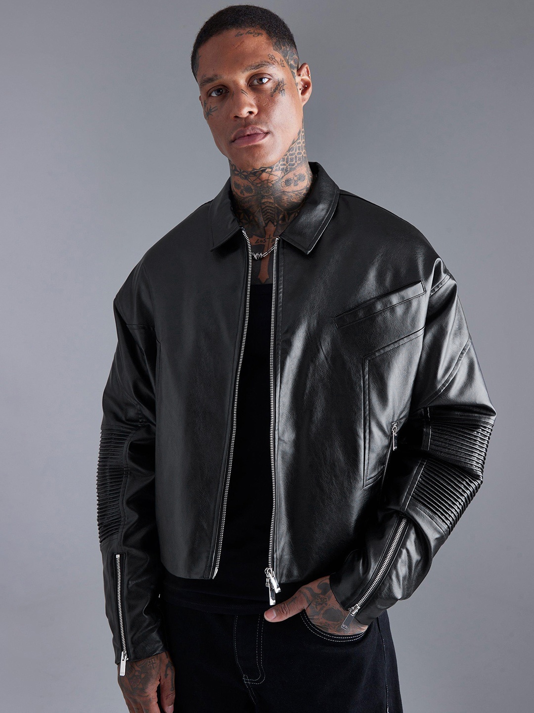 

boohooMAN Pu Coated Biker Jacket, Black