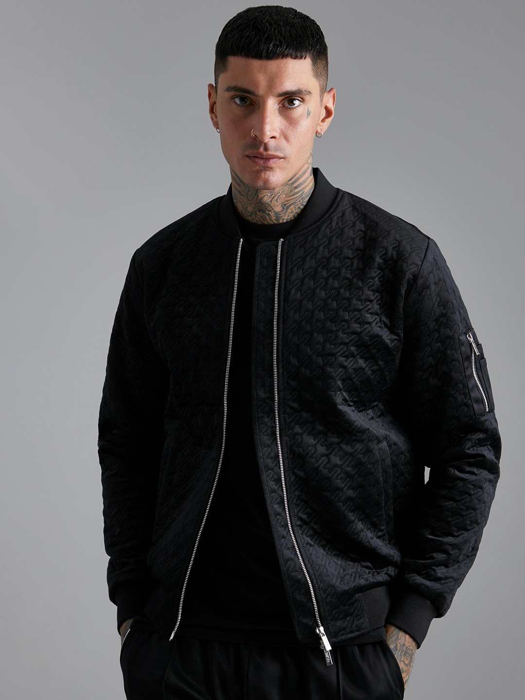 

boohooMAN Self Design Houndstooth Velvet Bomber Jacket, Black