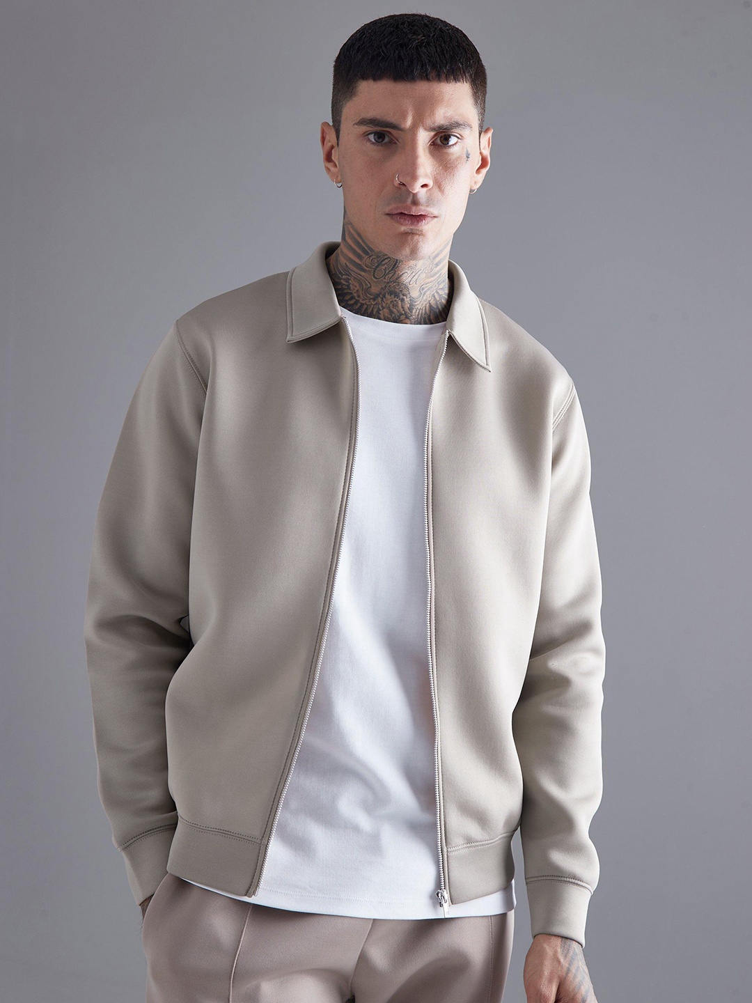 

boohooMAN Spread Collar Front-Open Sweatshirt, Beige