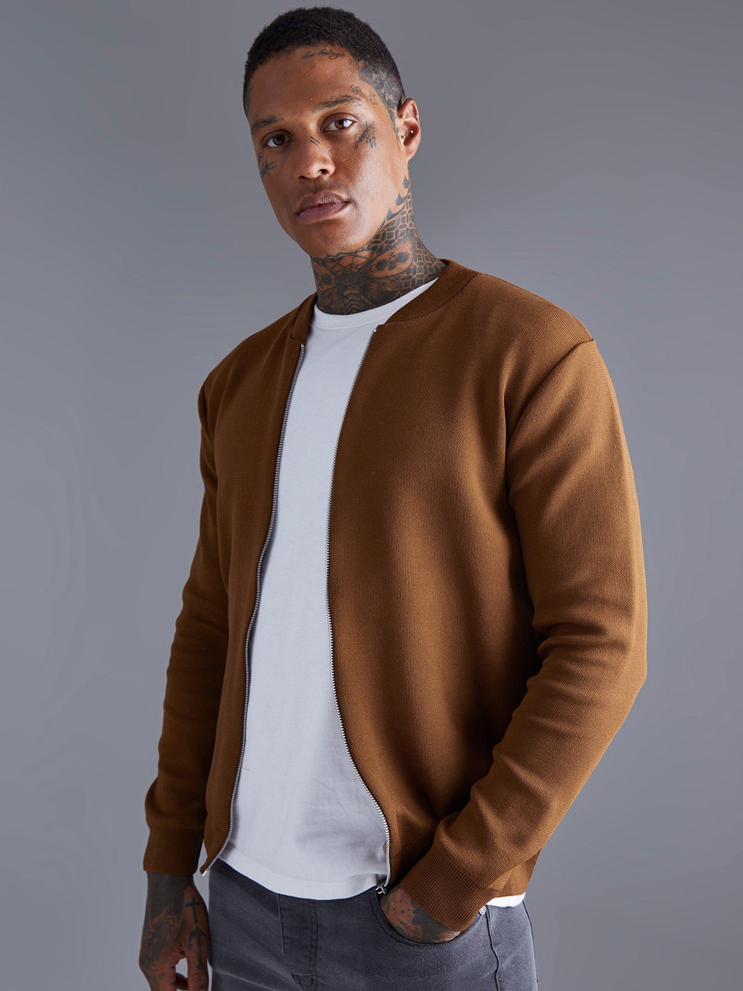 

boohooMAN Stand Collar Front-Open Sweatshirt, Rust