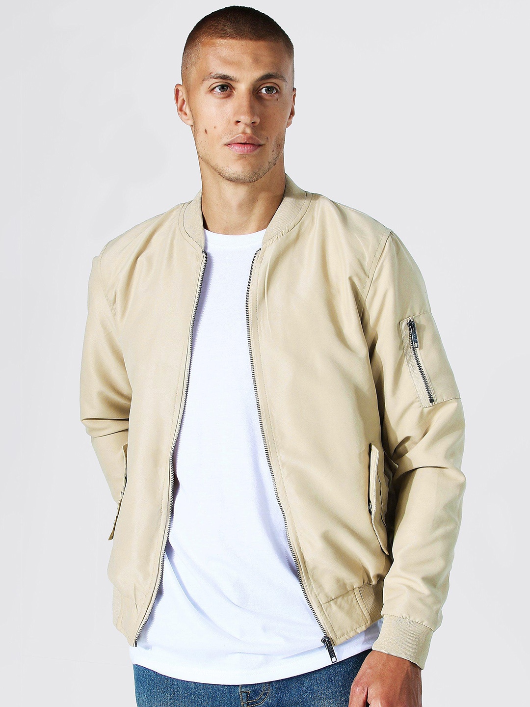 

boohooMAN Solid Bomber Jacket, Cream