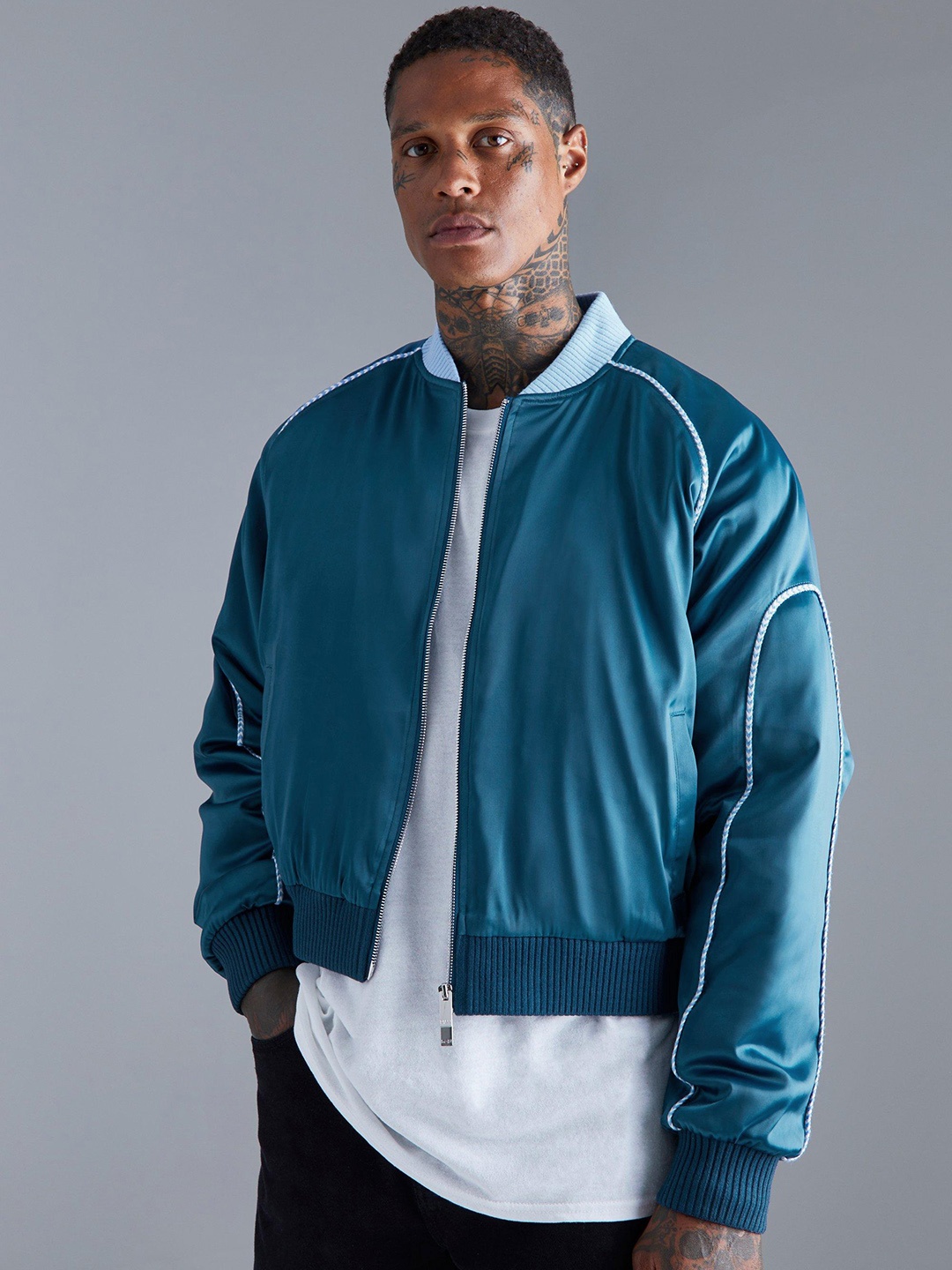 

boohooMAN Satin Finish Boxy Bomber Jacket, Teal
