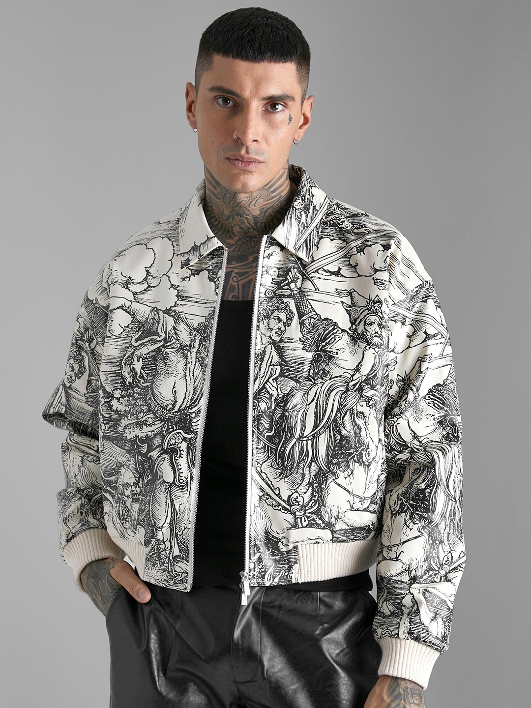 

boohooMAN Graphic Printed Spread Collar Bomber Jacket, White