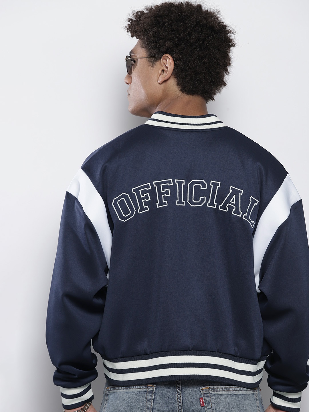 

boohooMAN Embroidered Varsity Jacket, Navy blue