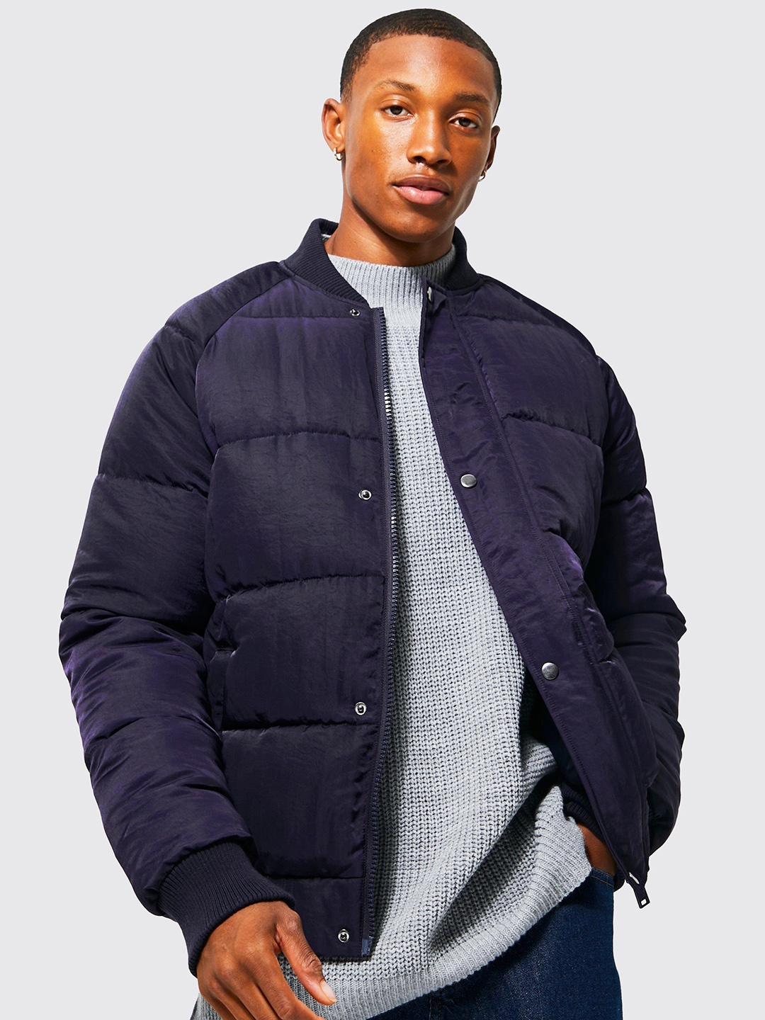 

boohooMAN Stand Collar Padded Jacket, Navy blue