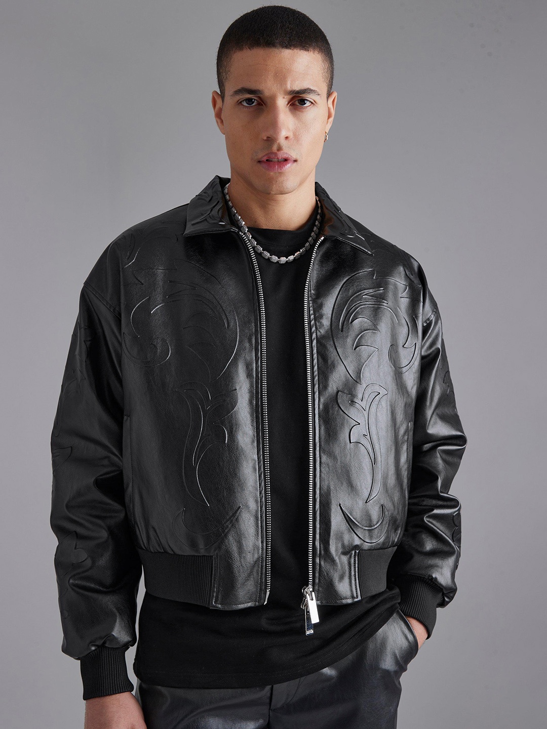 

boohooMAN Embossed Bomber Jacket, Black