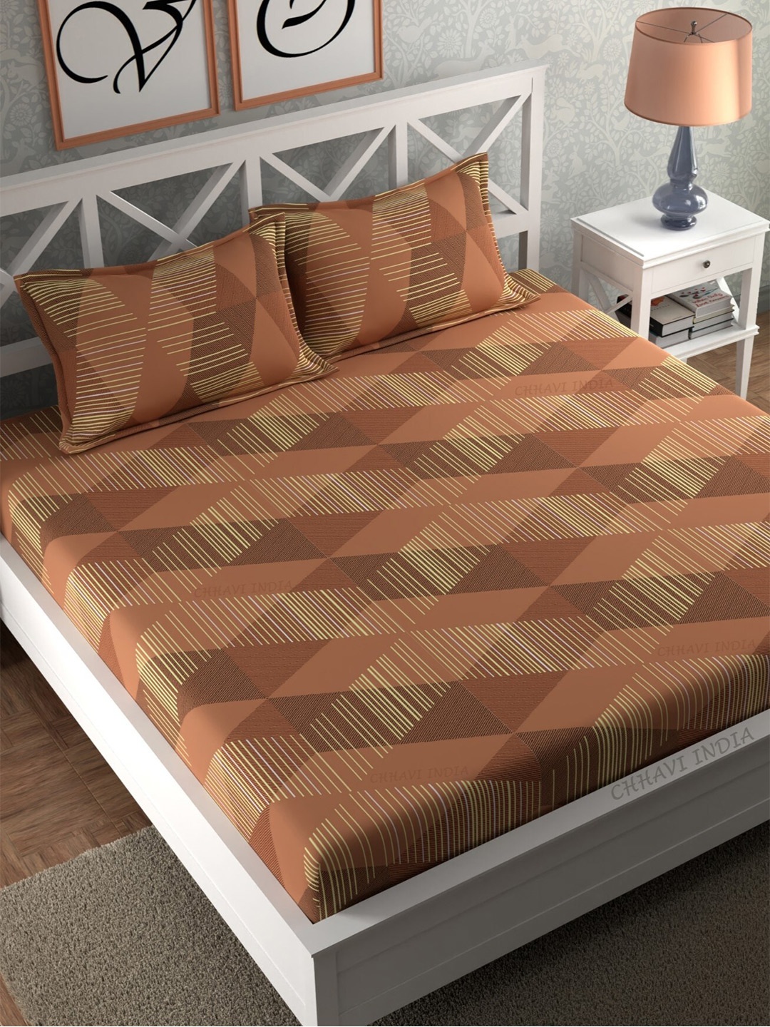 

CHHAVI INDIA Brown & Yellow Geometric 210 TC Queen Bedsheet With 2 Pillow Covers