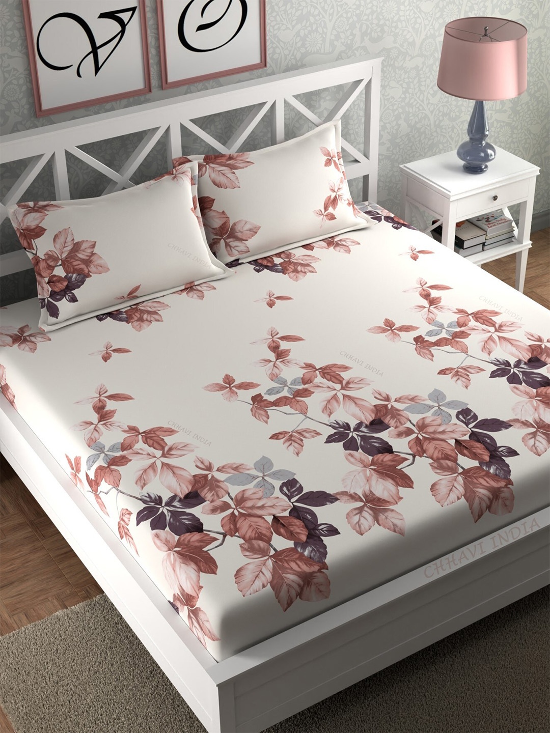 

CHHAVI INDIA White & Grey Floral 210 TC Queen Bedsheet With 2 Pillow Covers