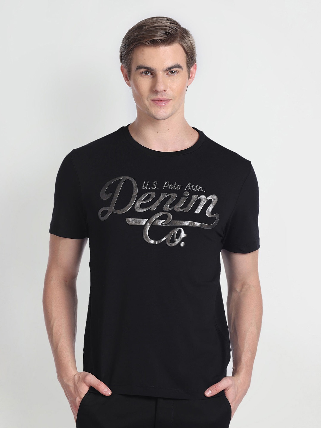 

U.S. Polo Assn. Denim Co. Men Black Typography Printed Slim Fit T-shirt