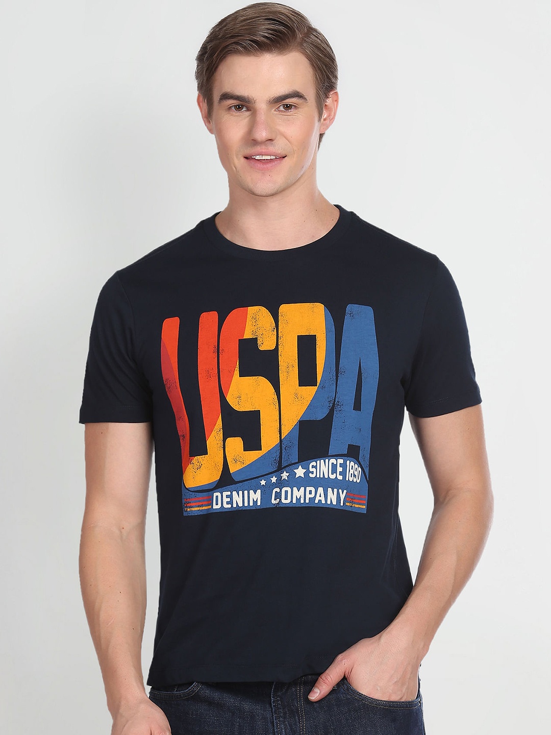 

U.S. Polo Assn. Denim Co. Typography Printed Slim Fit Pure Cotton T-shirt, Blue