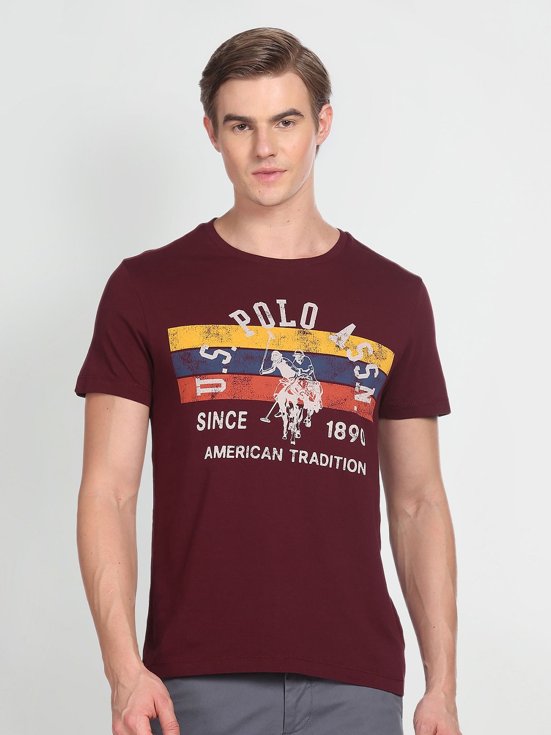 

U.S. Polo Assn. Denim Co. Brand Logo Printed Pure Cotton Slim Fit T-shirt, Maroon