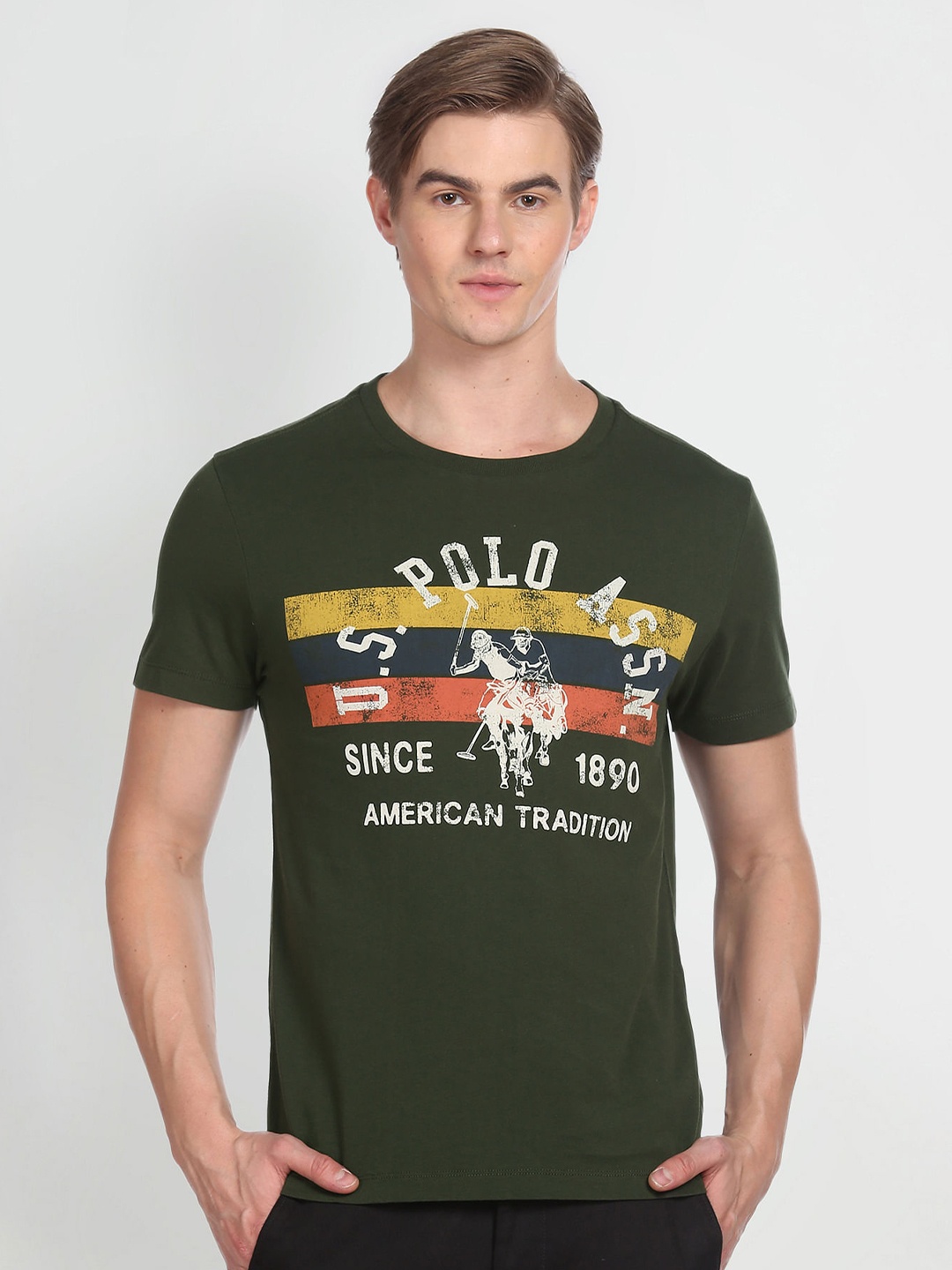 

U.S. Polo Assn. Denim Co. Brand Logo Printed Pure Cotton Slim Fit T-shirt, Green