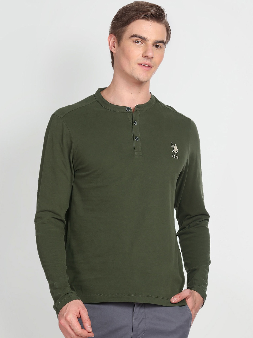 

U.S. Polo Assn. Denim Co. Band Collar Pure Cotton Slim Fit T-shirt, Green