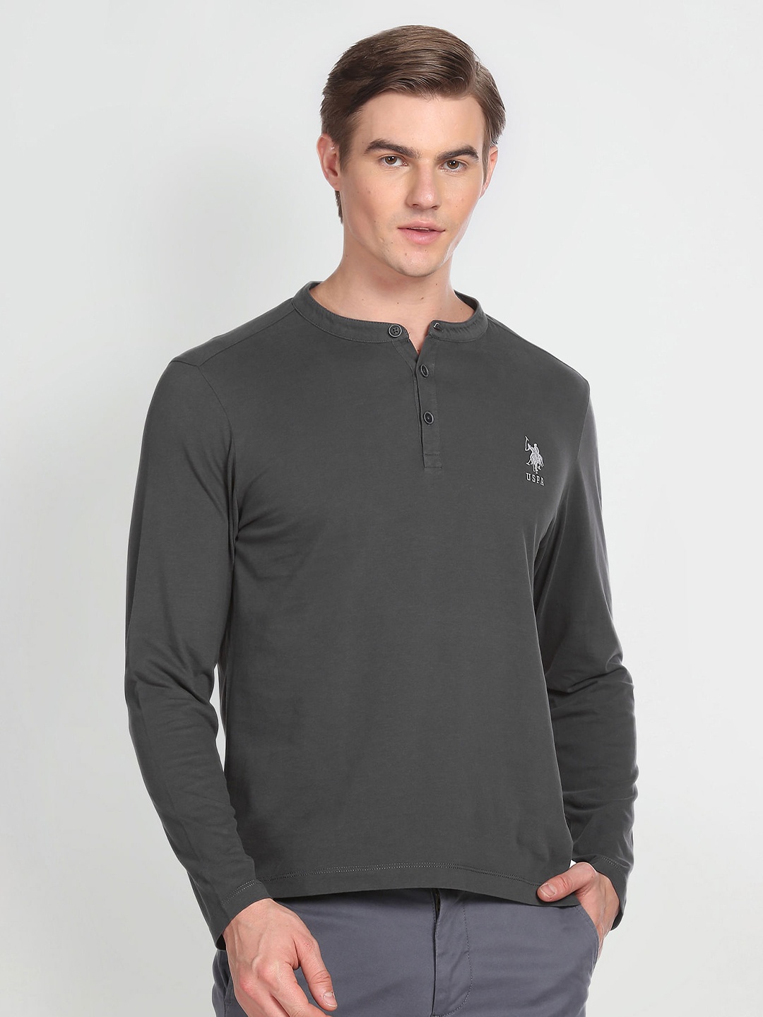 

U.S. Polo Assn. Denim Co. Henley Neck Pockets Slim Fit Pure Cotton T-shirt, Grey