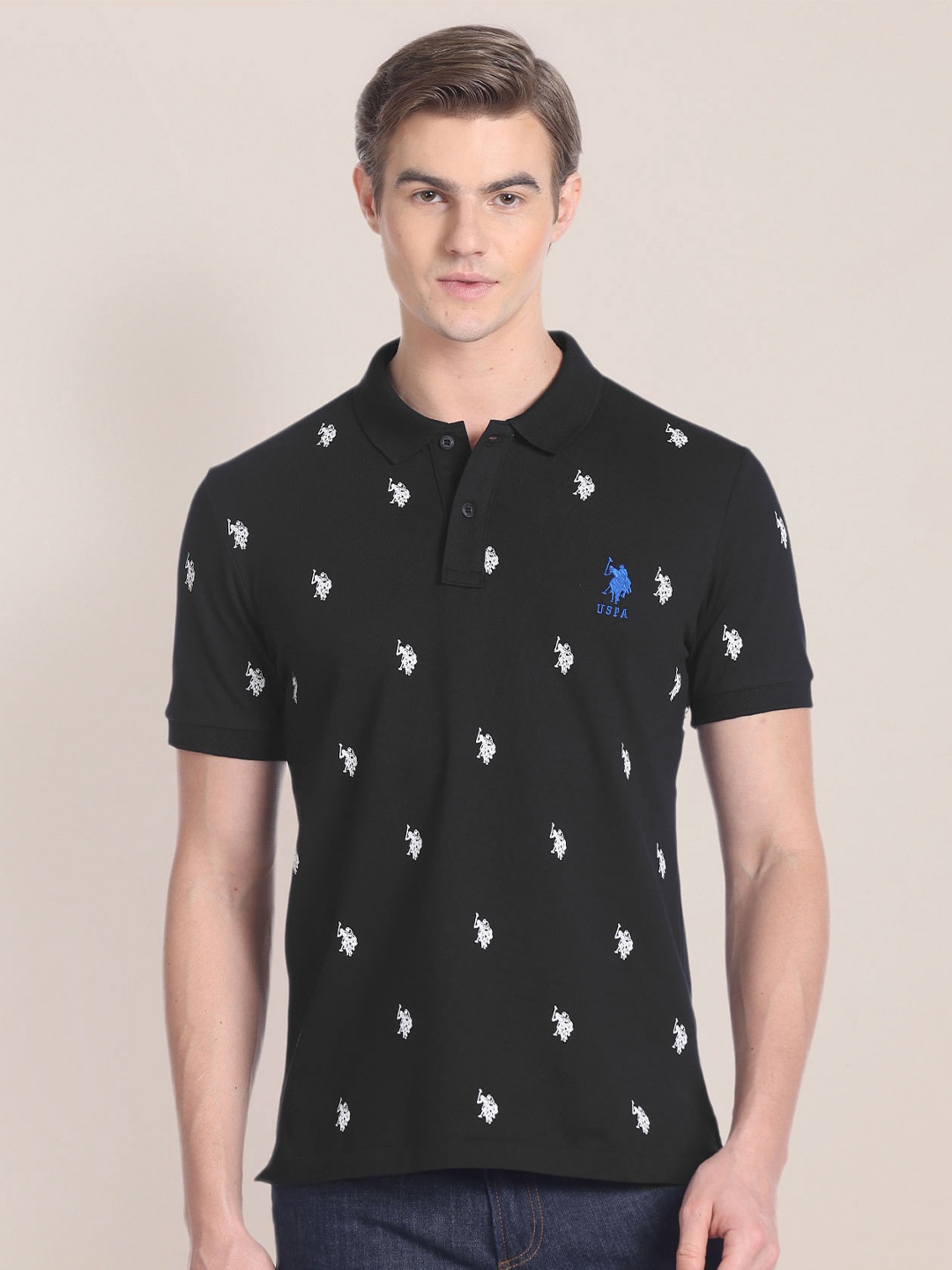 

U.S. Polo Assn. Slim Fit Brand Logo Printed Polo Collar Cotton T-shirt, Black