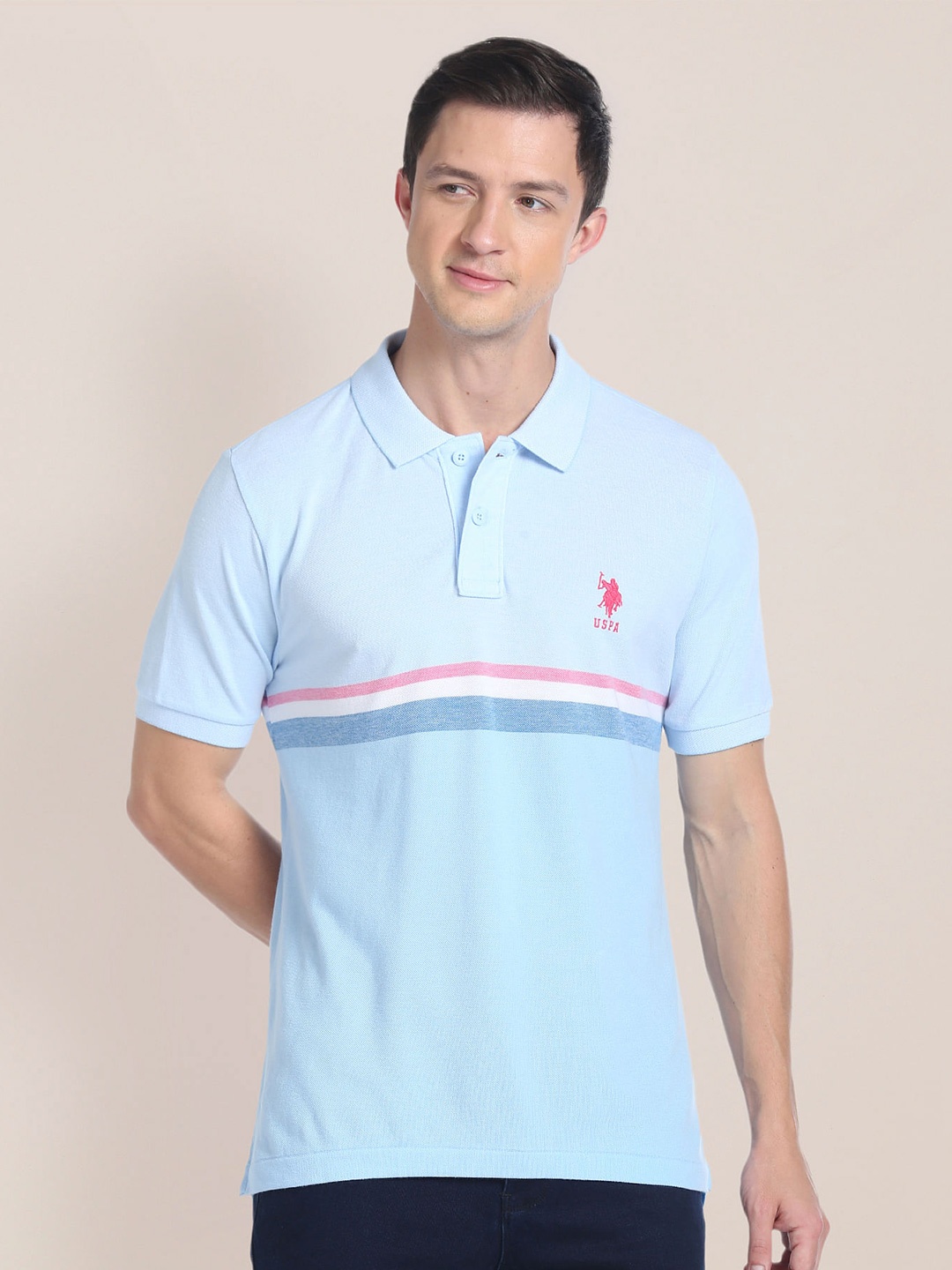 

U.S. Polo Assn. Slim Fit Striped Printed Polo Collar Cotton T-shirt, Blue