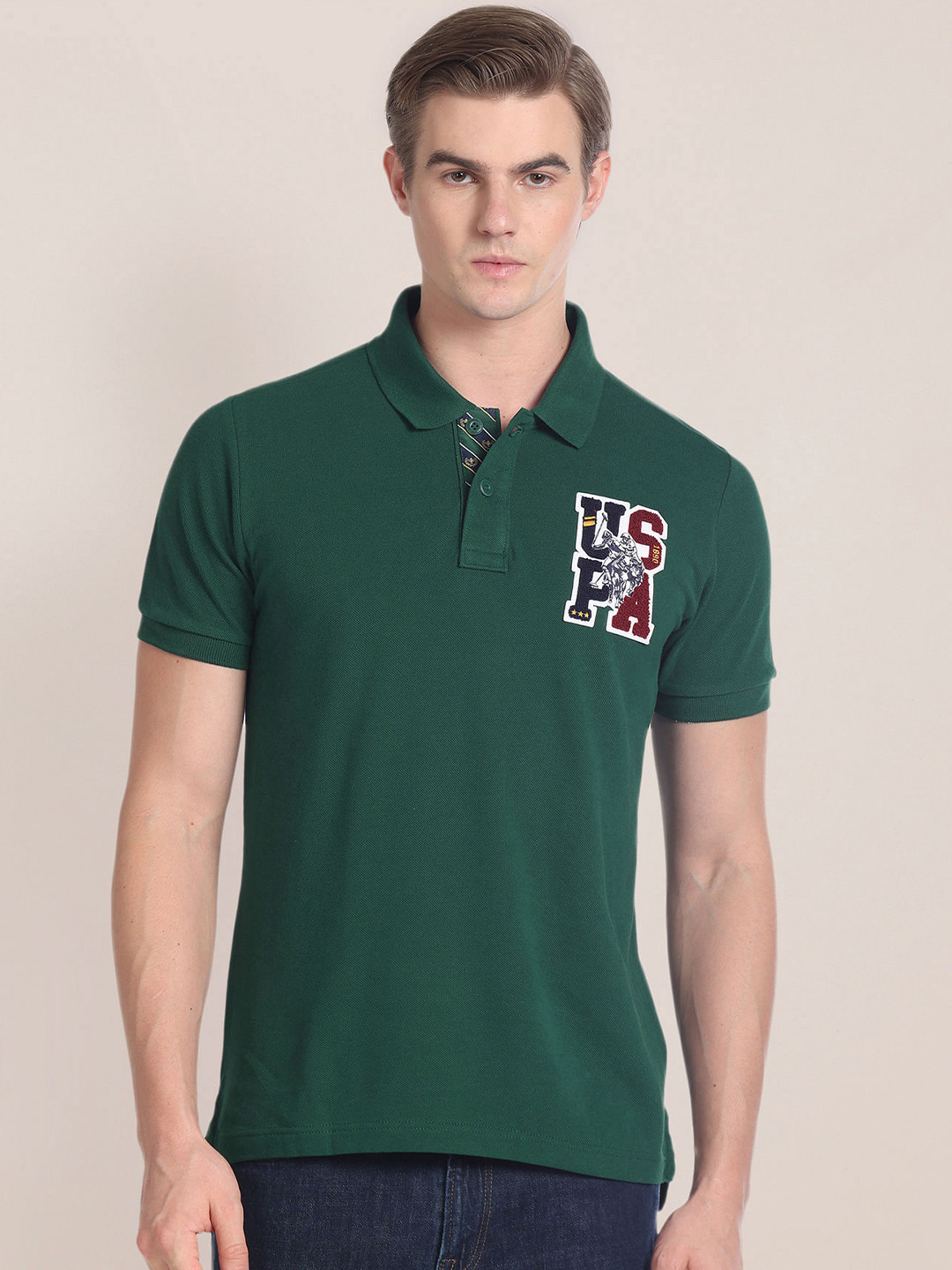 

U.S. Polo Assn. Slim Fit Brand Logo Printed Polo Collar Cotton T-shirt, Green
