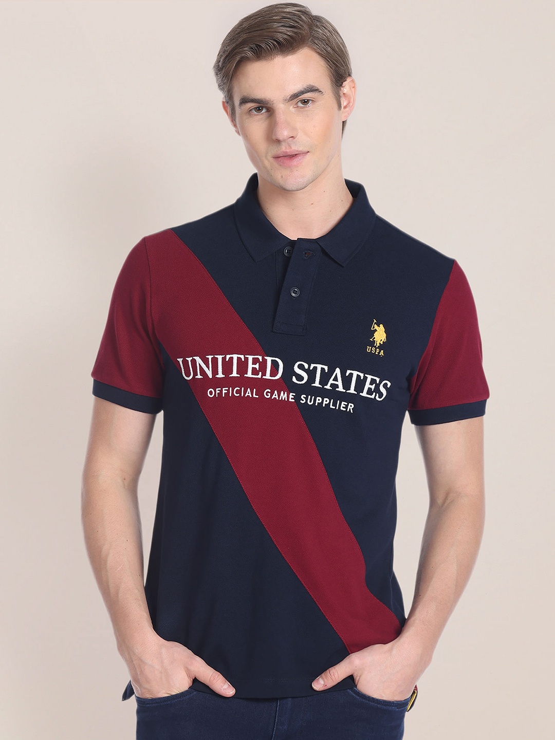 

U.S. Polo Assn. Slim Fit Colourblocked Polo Collar Cotton T-shirt, Blue