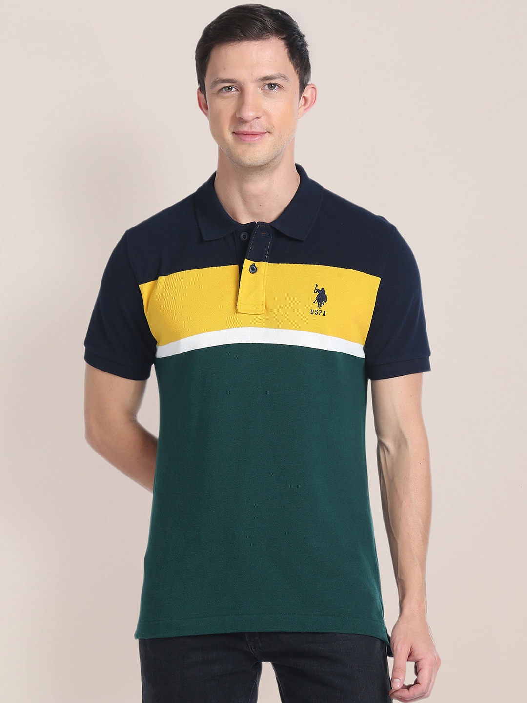 

U.S. Polo Assn. Slim Fit Colourblocked Polo Collar Applique Cotton T-shirt, Green