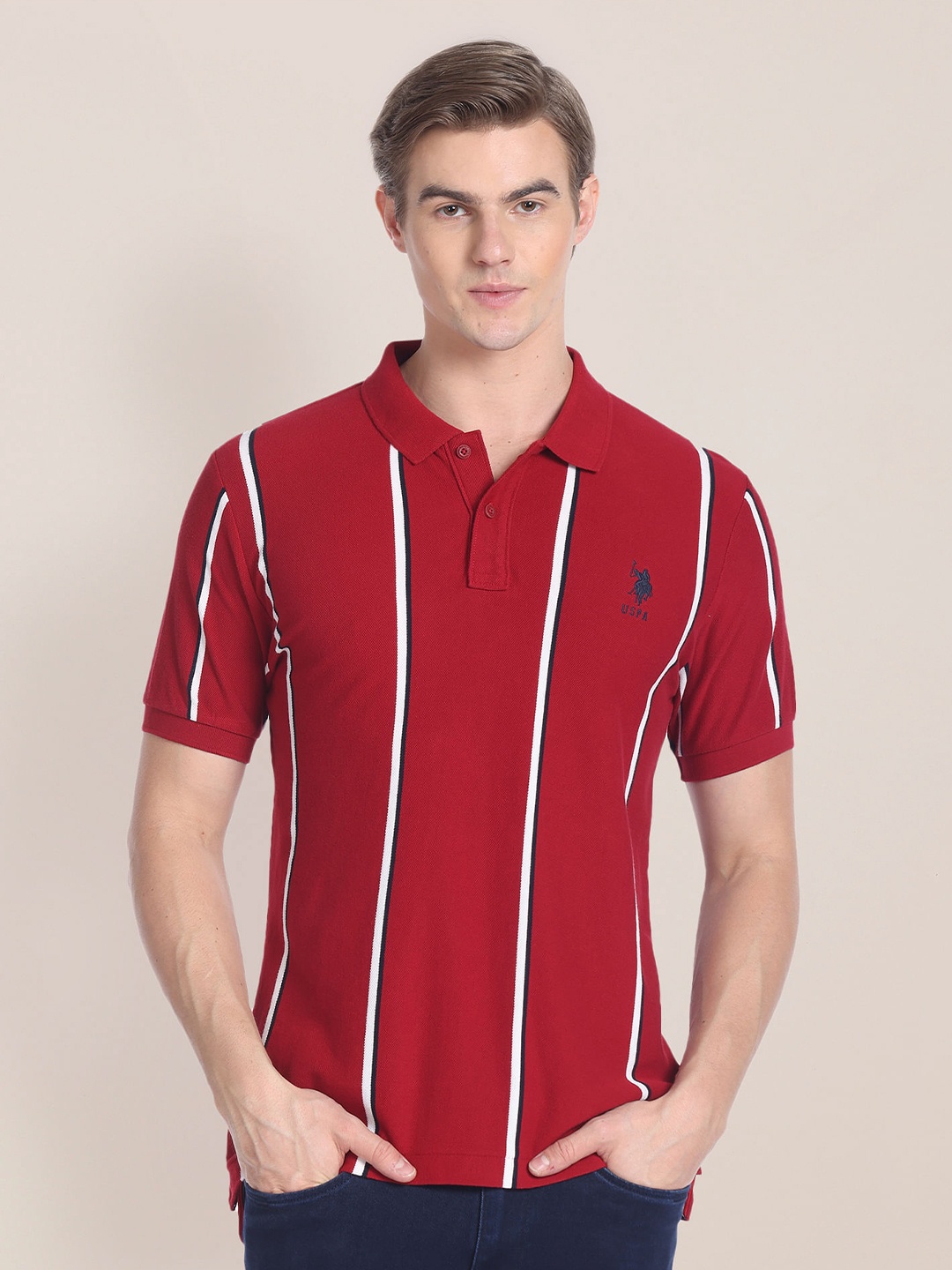 

U.S. Polo Assn. Slim Fit Striped Printed Polo Collar Cotton T-shirt, Red