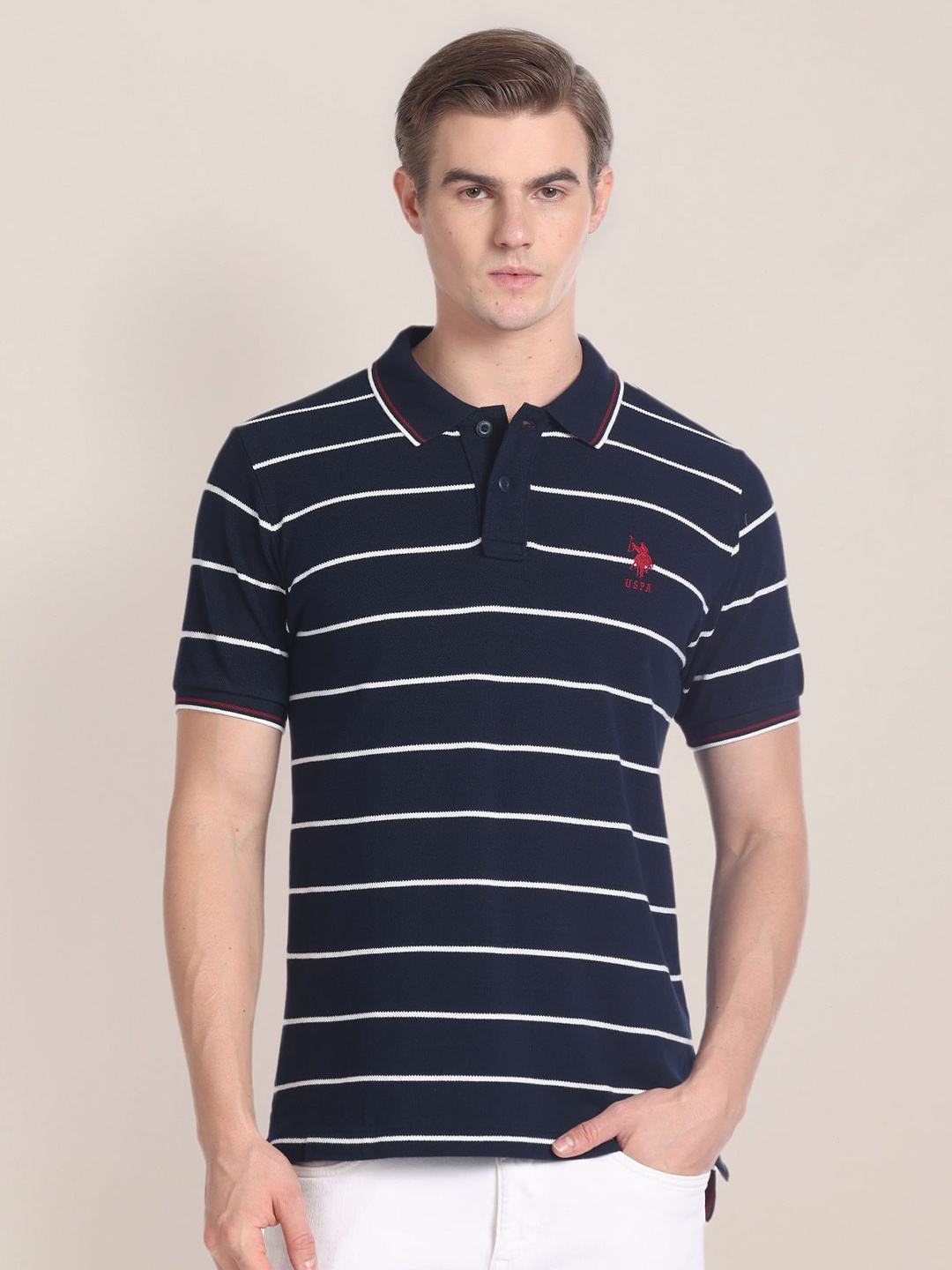 

U.S. Polo Assn. Slim Fit Striped Printed Polo Collar Cotton T-shirt, Navy blue