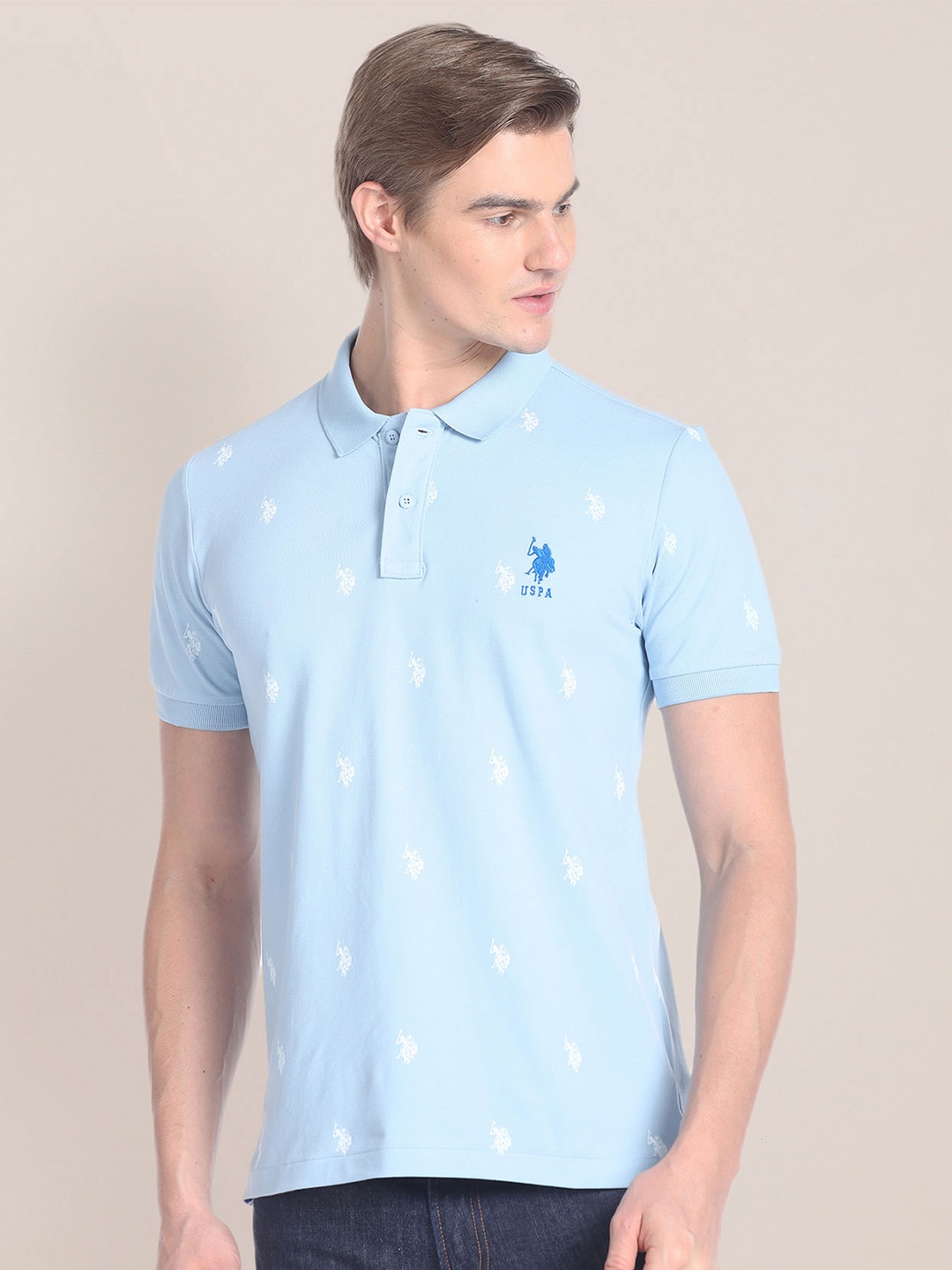 

U.S. Polo Assn. Slim Fit Brand Logo Printed Polo Collar Cotton T-shirt, Blue