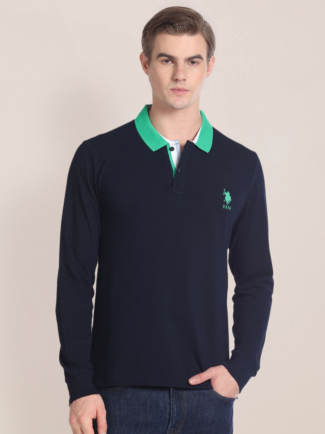 

U.S. Polo Assn. Polo Collar Full Sleeves Pure Cotton Slim Fit T-shirt, Blue