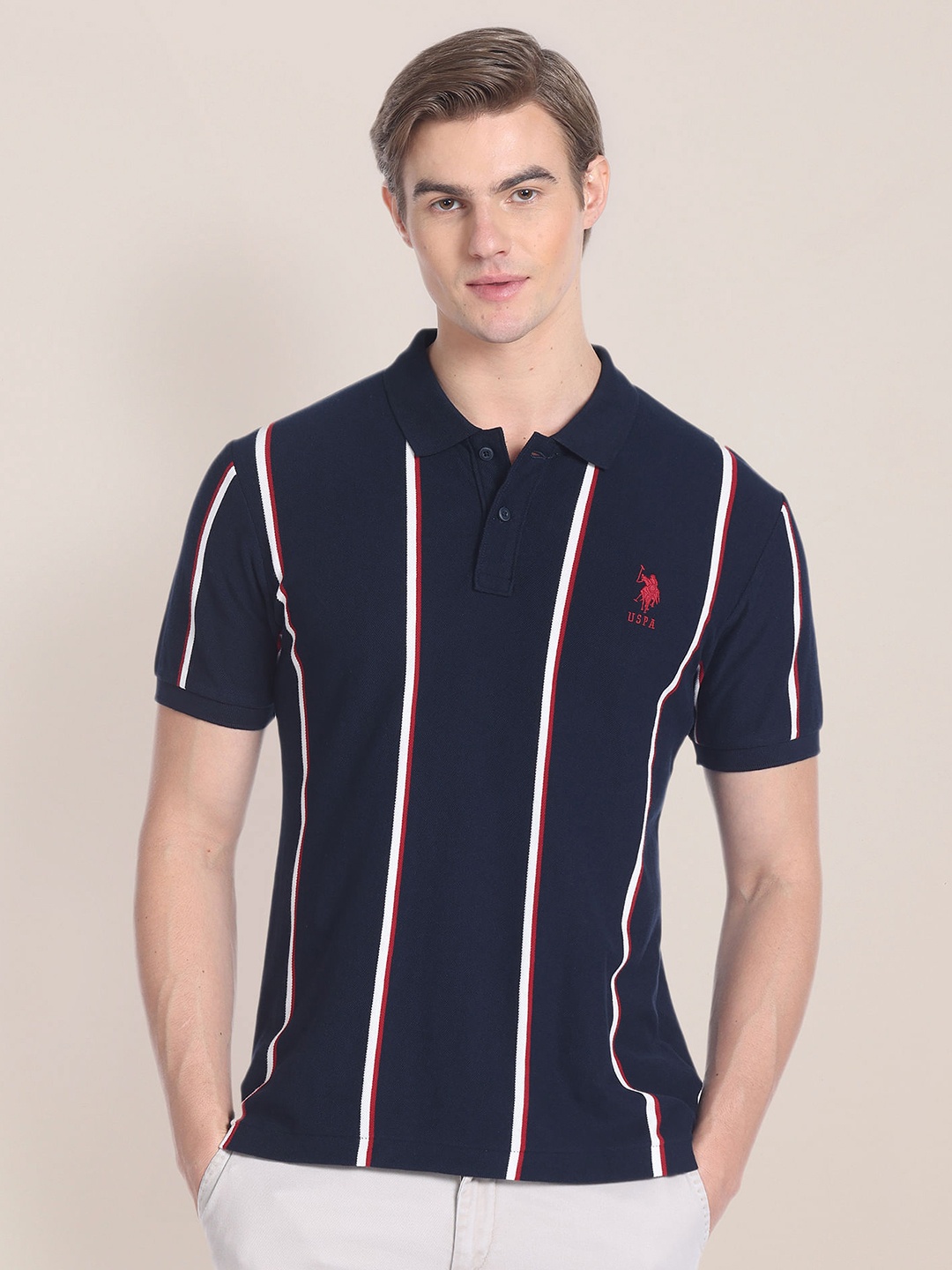 

U.S. Polo Assn. Striped Polo Collar Pure Cotton Slim Fit T-shirt, Blue