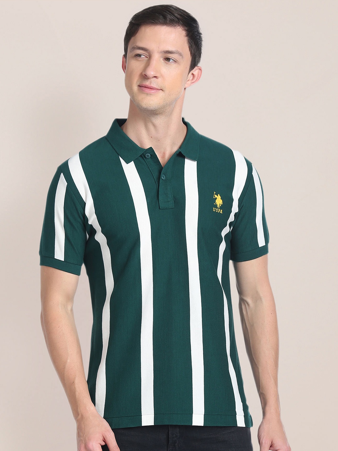 

U.S. Polo Assn. Striped Polo Collar Pure Cotton Slim Fit T-shirt, Green