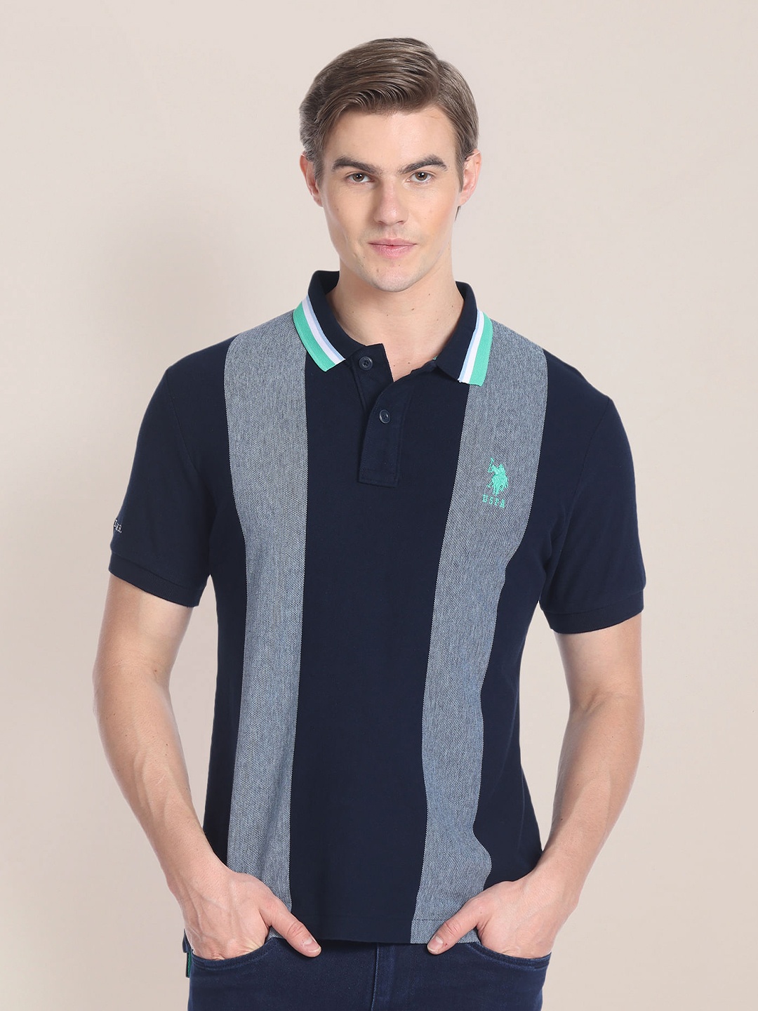 

U.S. Polo Assn. Colourblocked Polo Collar Pure Cotton Slim Fit T-shirt, Blue