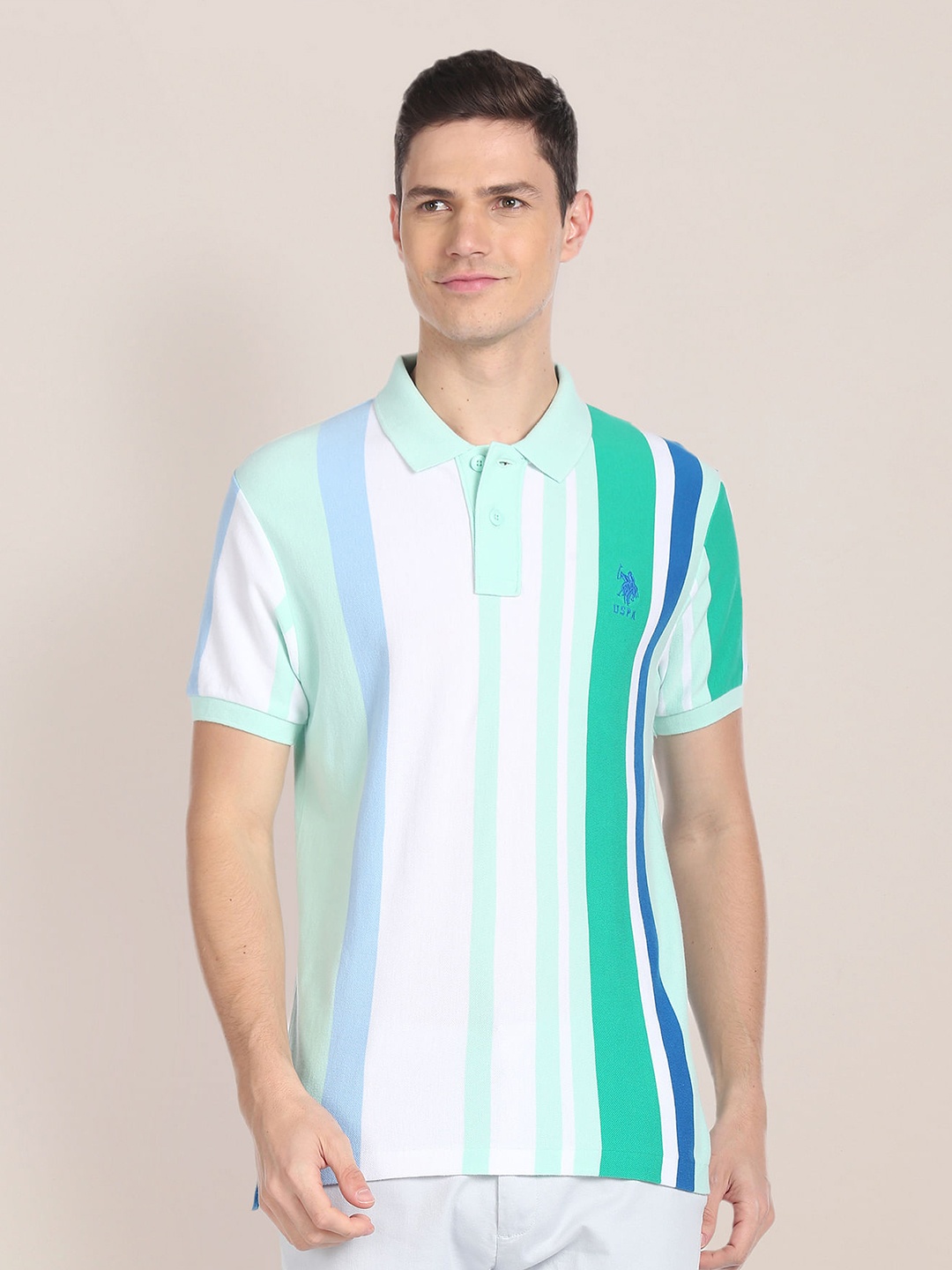 

U.S. Polo Assn. Striped Short Sleeves Pure Cotton Slim Fit T-shirt, Green