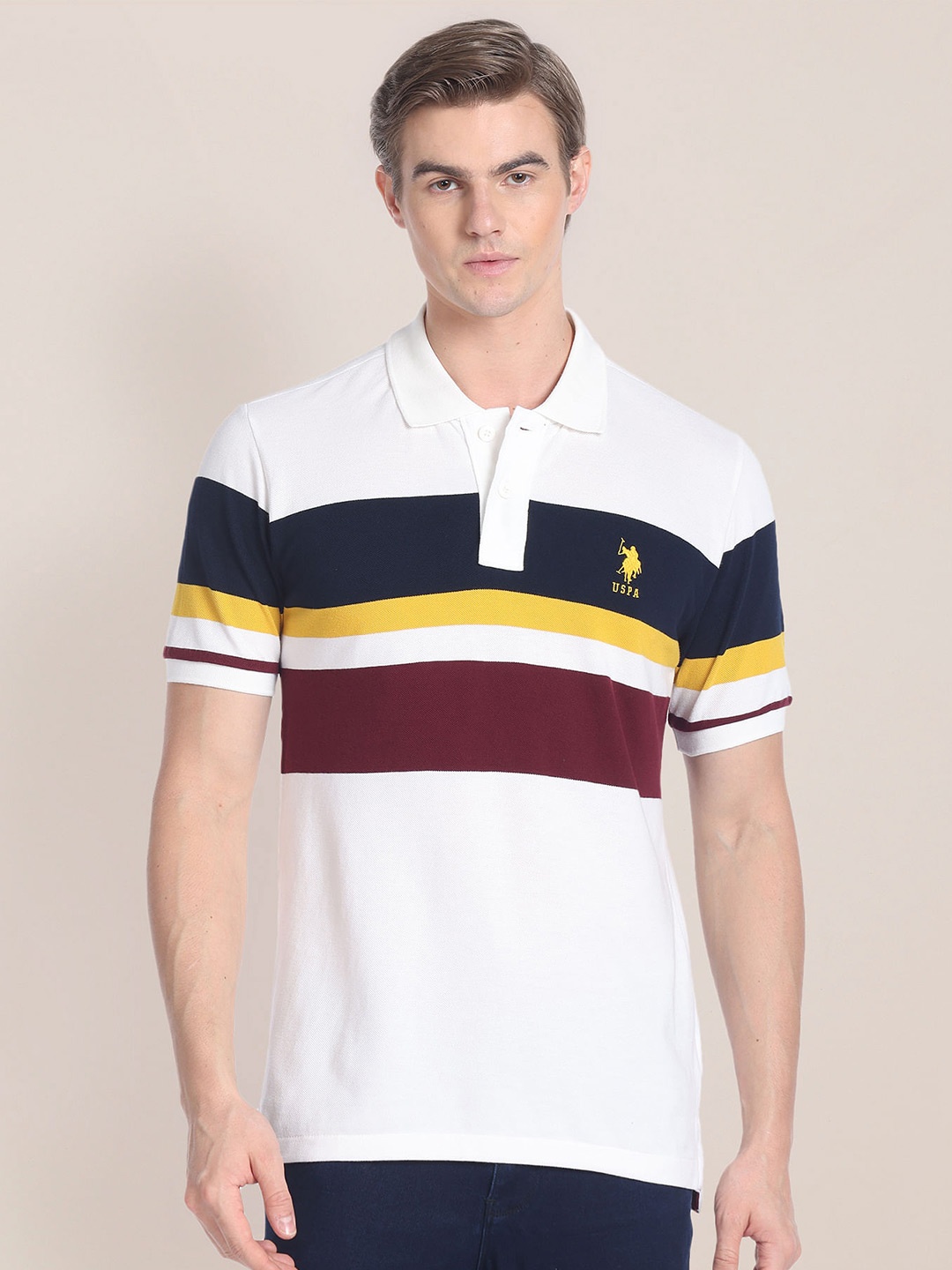 

U.S. Polo Assn. Colourblocked Polo Collar Pure Cotton Slim Fit T-shirt, White