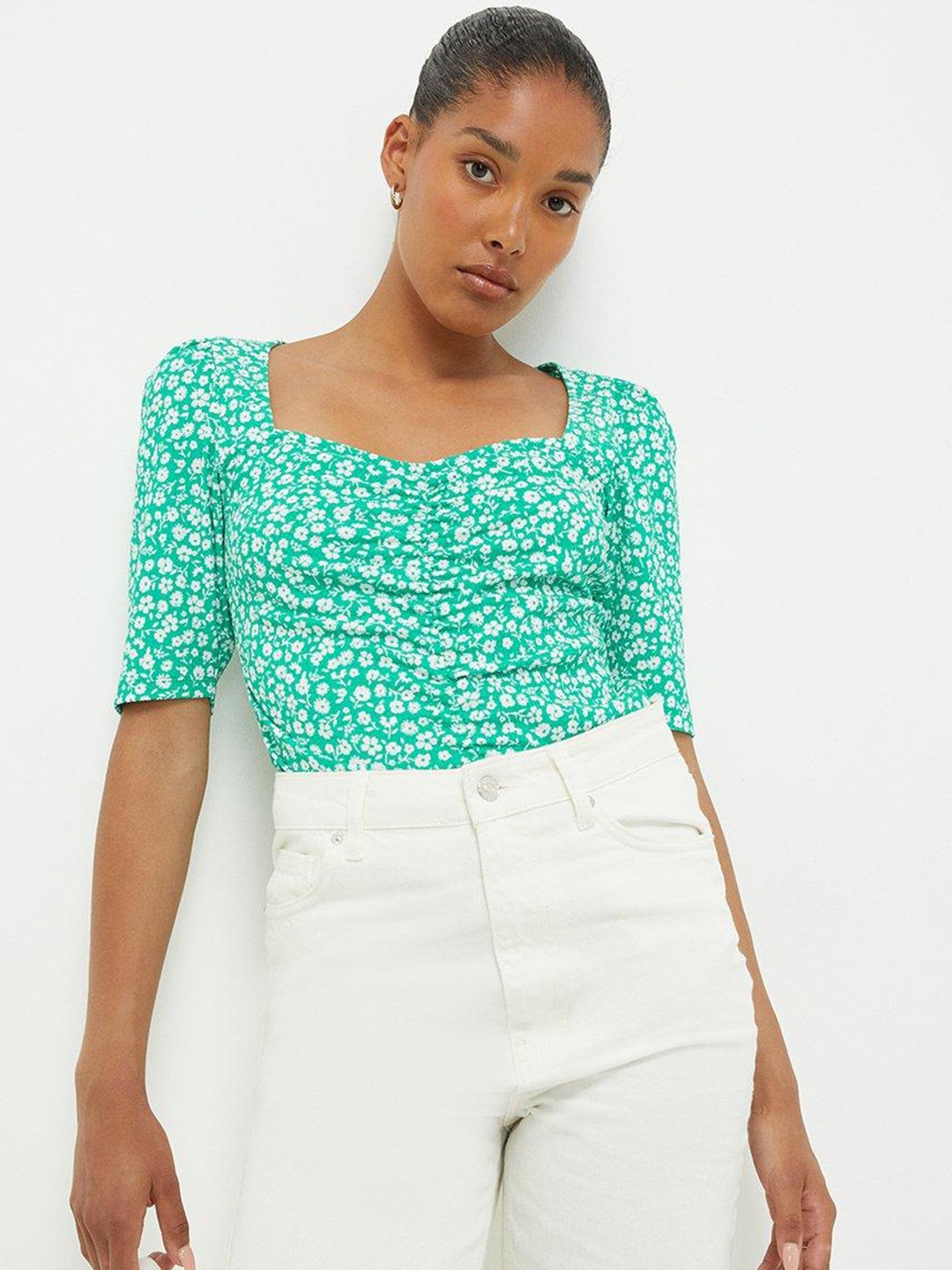 

DOROTHY PERKINS Floral Print Sweetheart Neck Top, Green