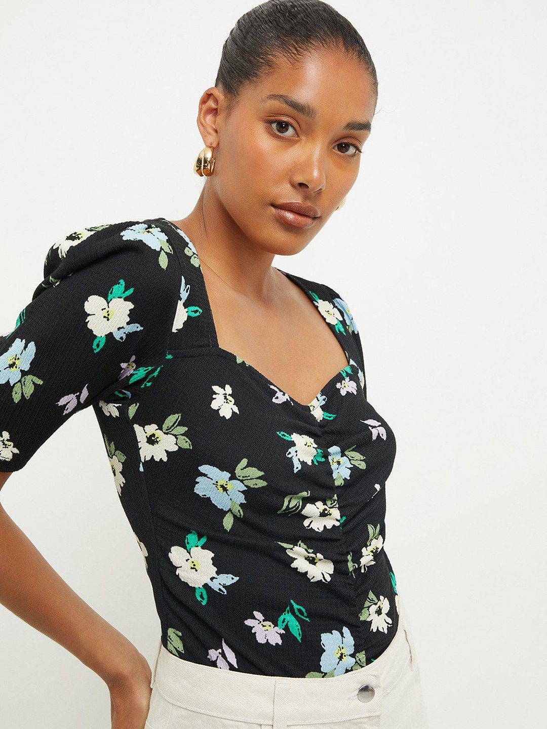 

DOROTHY PERKINS Floral Print Ruched Detail Top, Black